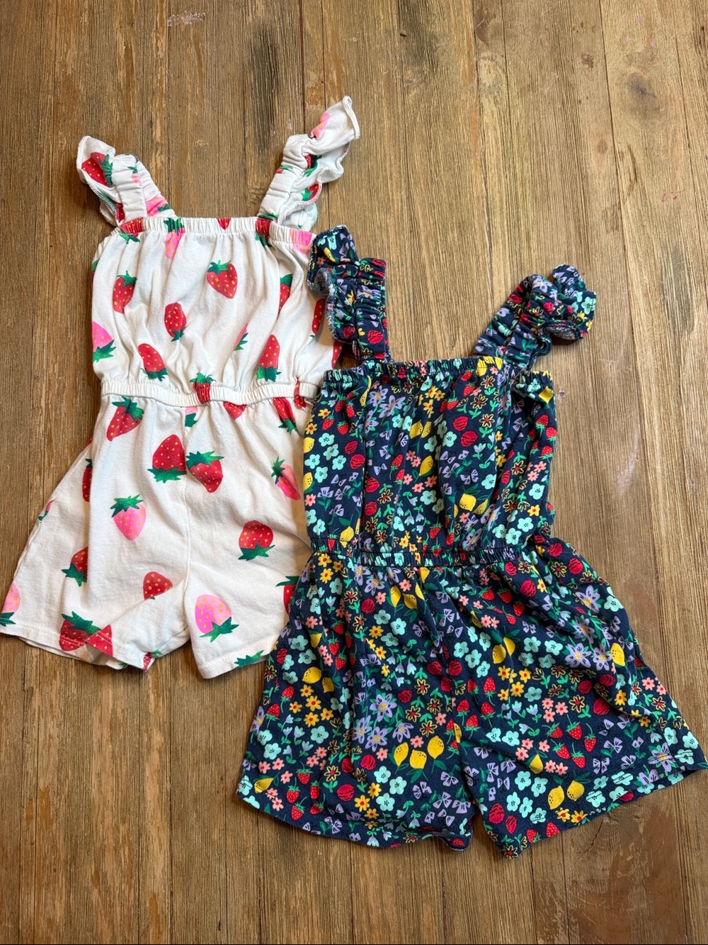 Old Navy Kids Floral and Strawberry Romper Set - Navy Floral & Cream Strawberry